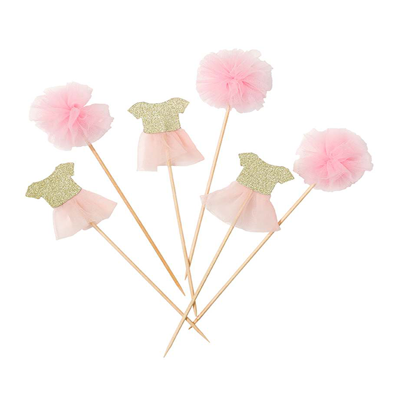 Pack de 12 Toppers pompones y vestidos rosas